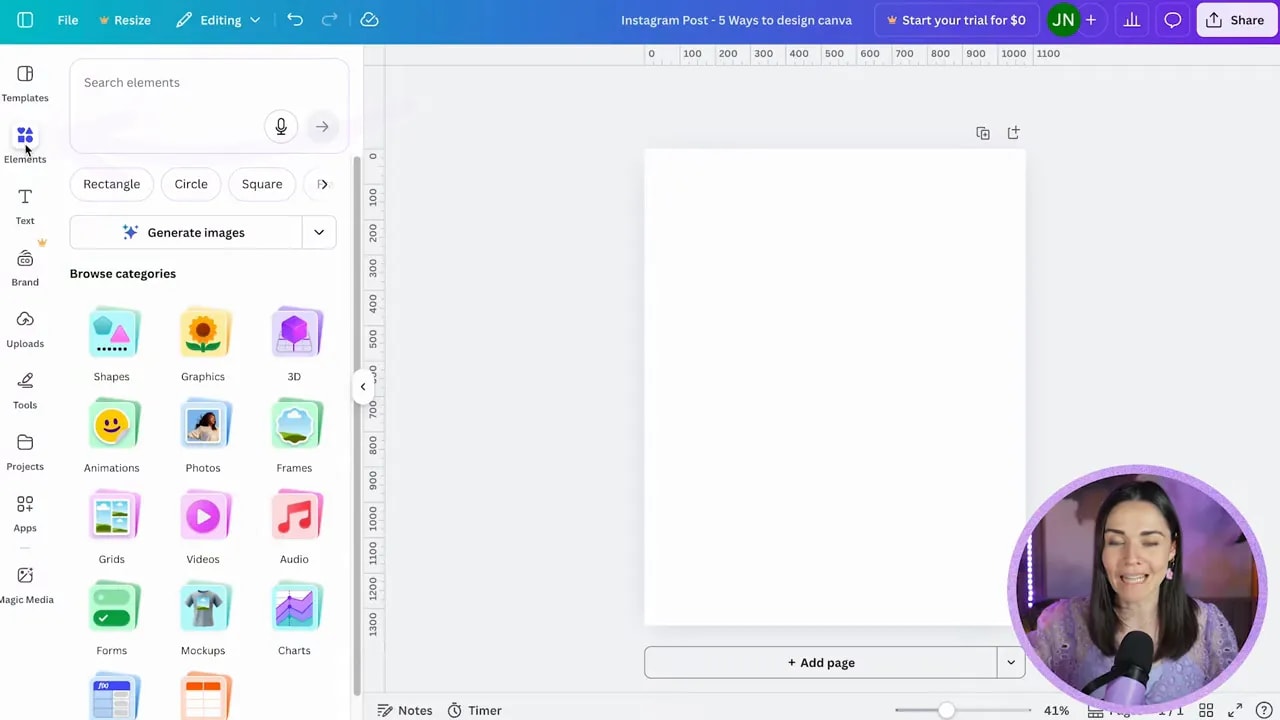 Canva left sidebar Elements tab with categories like shapes, graphics, photos, and frames