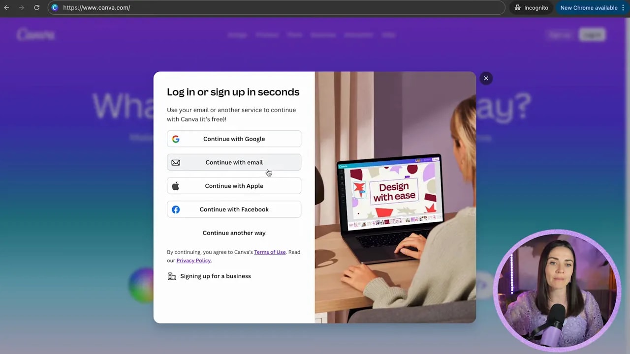 Canva login or sign up window with buttons for Google, email, Apple, and Facebook