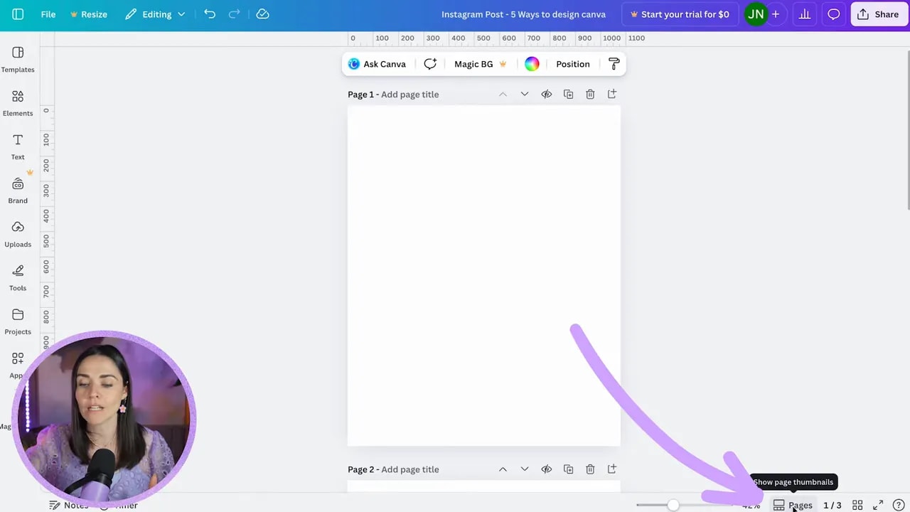 Canva editor with page thumbnails view and arrow pointing to show page navigation