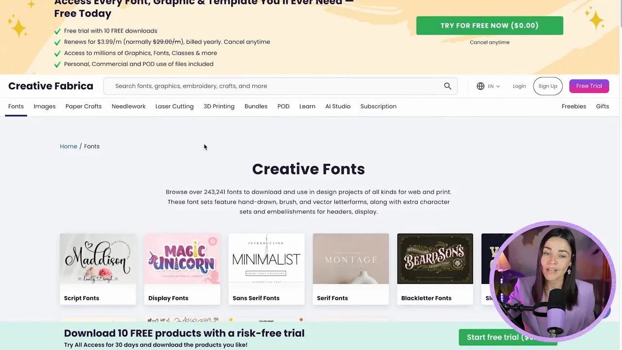 Creative Fabrica Creative Fonts page layout with search bar and font tiles