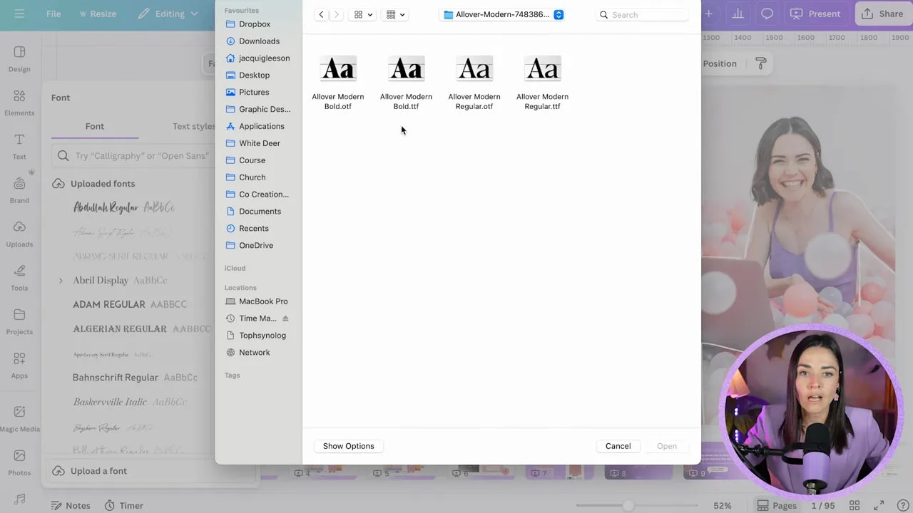 Mac file picker showing multiple font file selections for Canva font upload