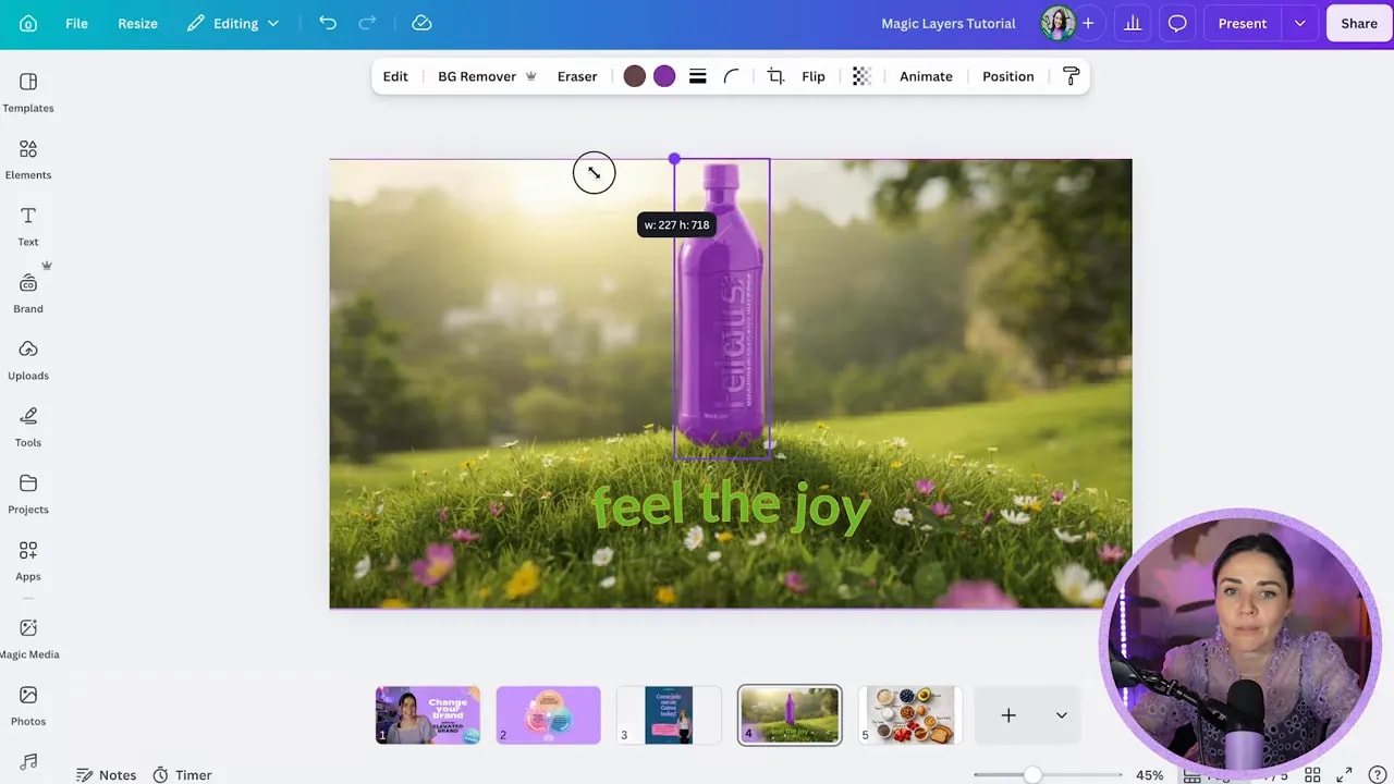 Canva editor showing an AI image of a purple bottle on grass with the bottle separated as an editable object