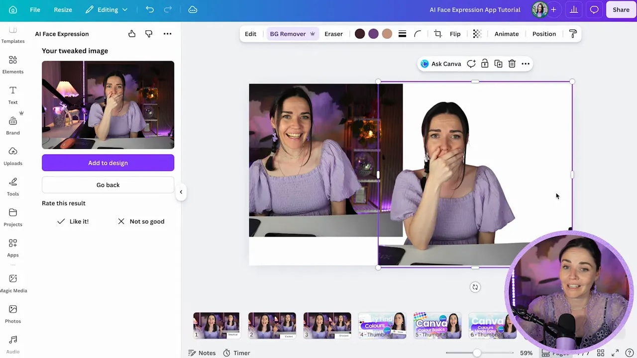 Canva workspace showing the generated image with its background removed on a white canvas