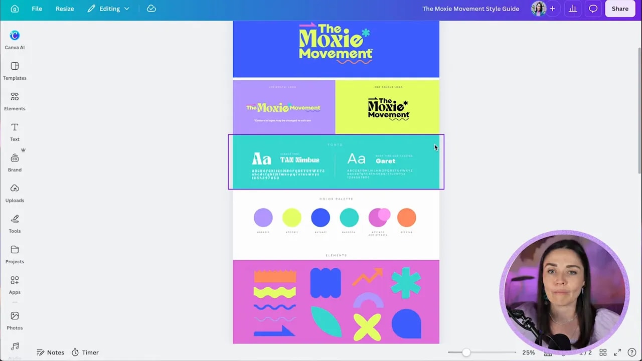Brand guide page in Canva showing logo, fonts, and colorful brand palette for The Moxie Movement