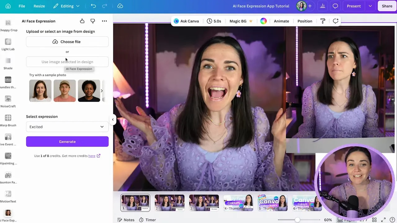 Canva editor with AI Face Expression app panel open on the left
