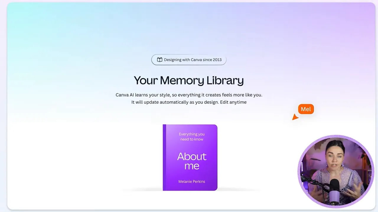 Canva AI screen showing a memory library interface and settings panel