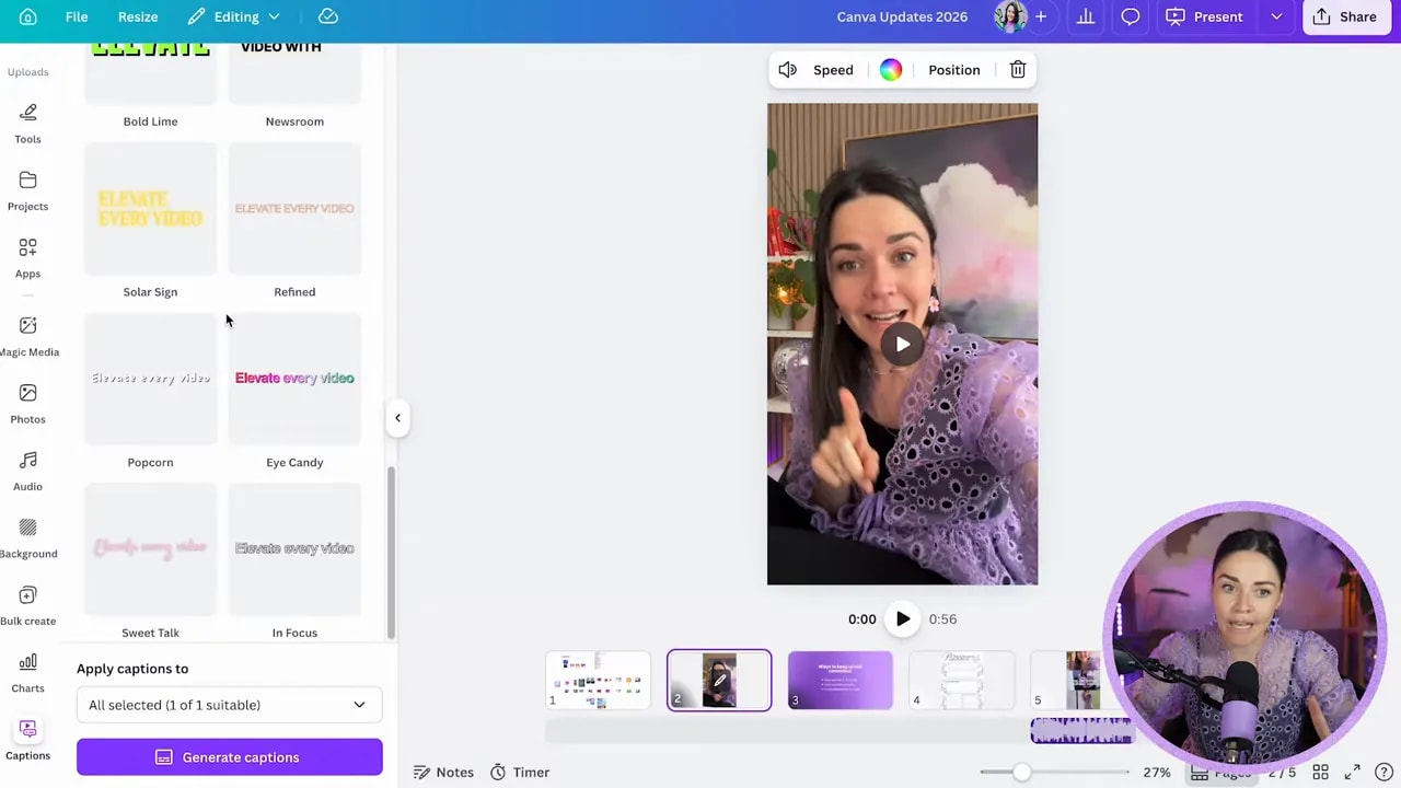 Canva captions panel with multiple animated caption style presets beside a vertical video