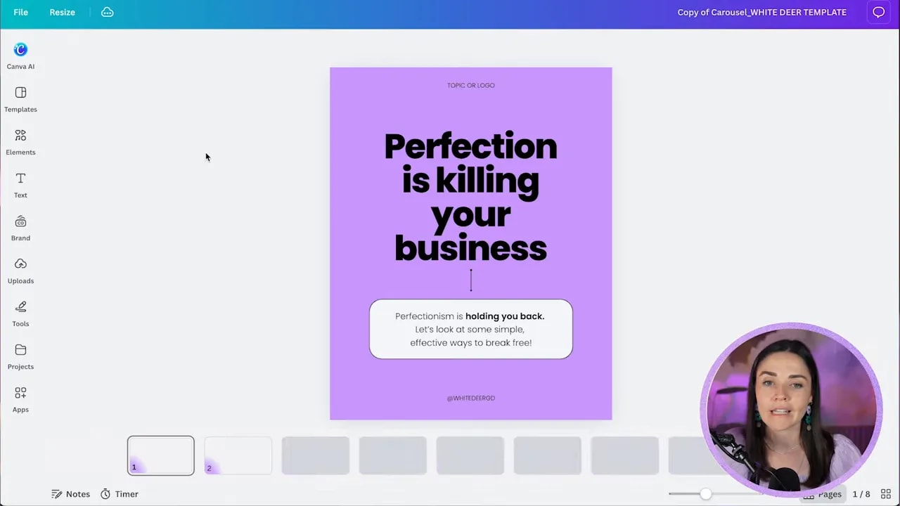 Canva editor open with a purple carousel cover slide template reading perfection is killing your business