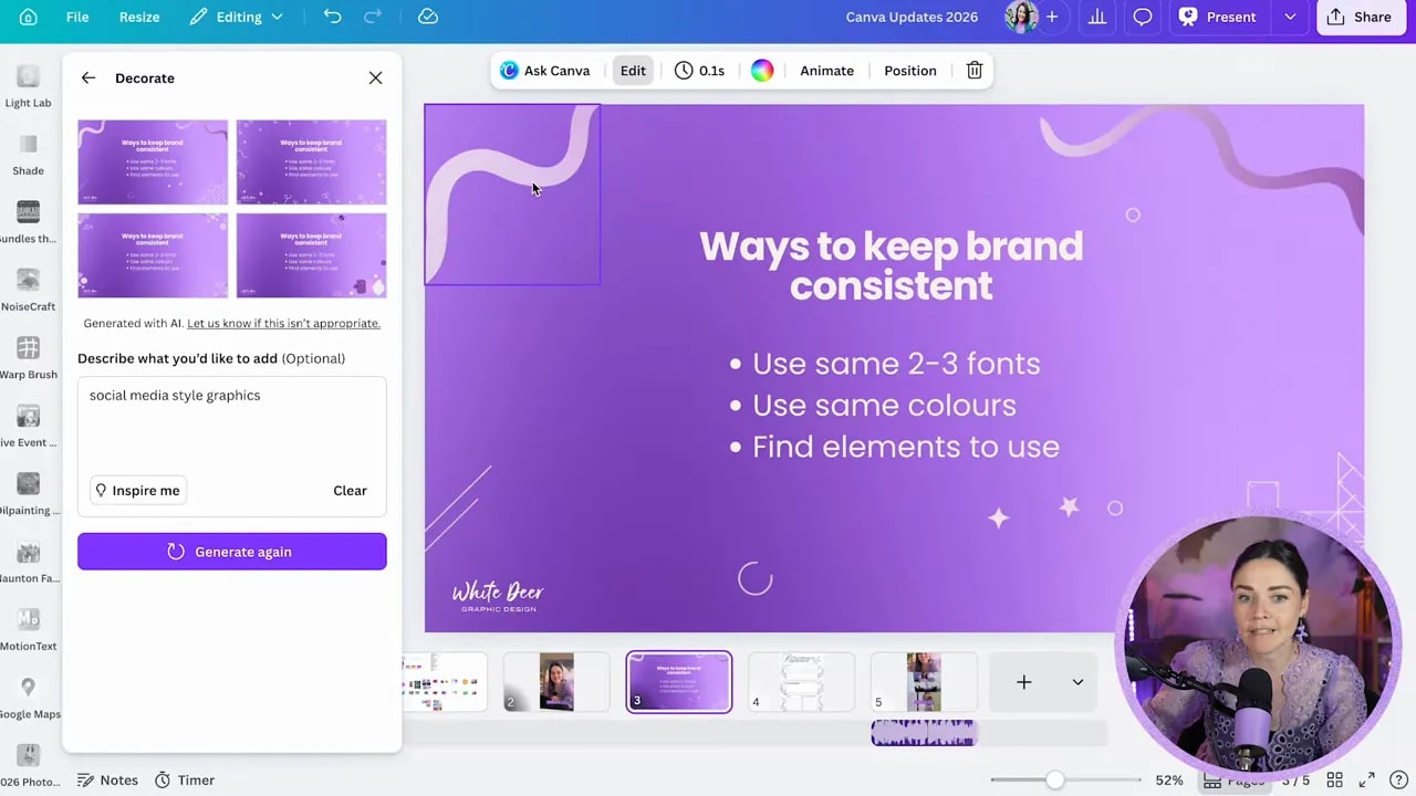 Canva page design with decorate-generated purple corner graphics and editable elements on the canvas