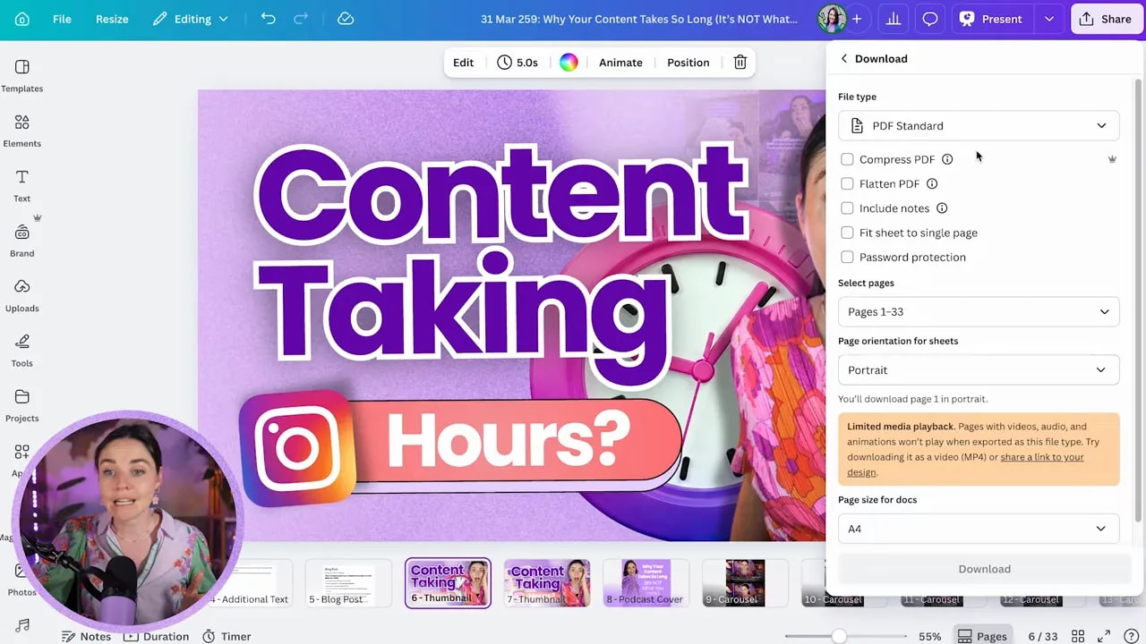 Canva download panel open beside a thumbnail design with file type options visible