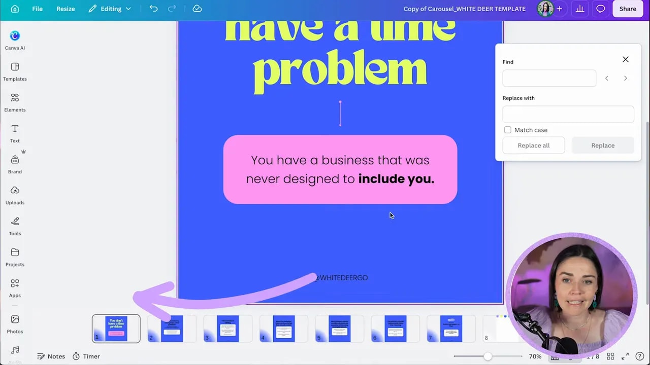 Canva find and replace text panel open on the right side of the editor