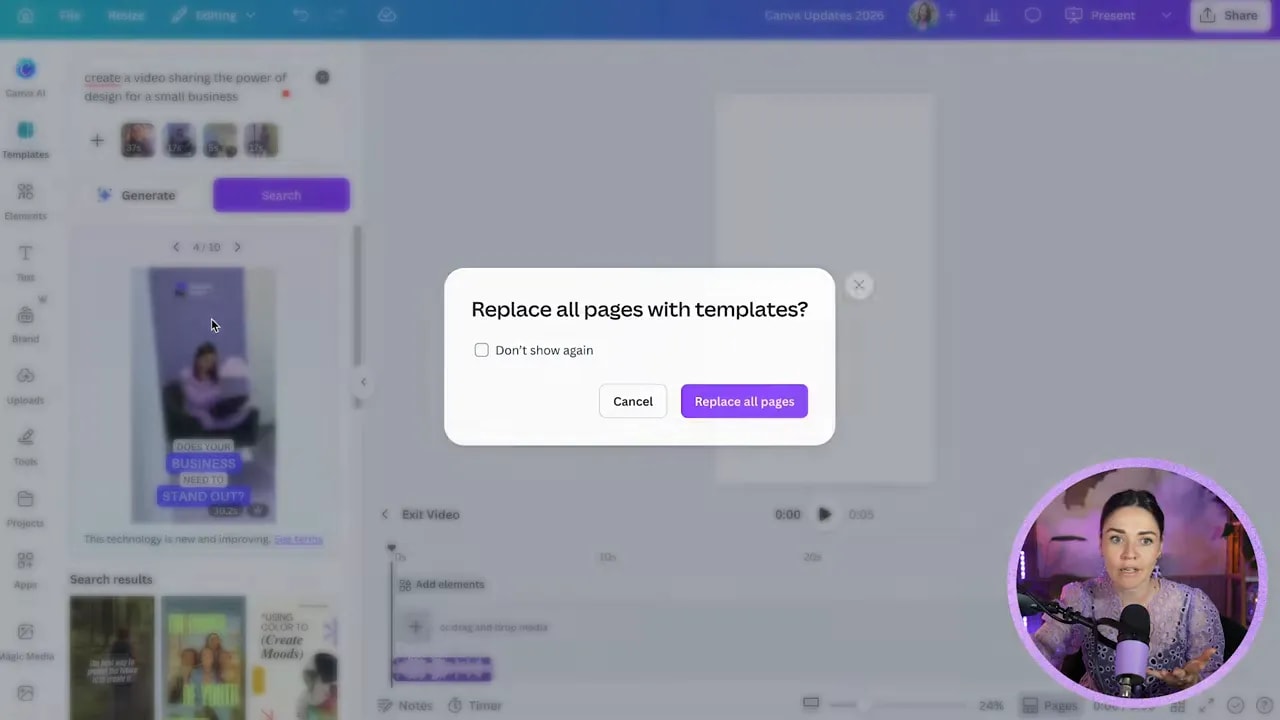 Canva magic video interface showing a generated vertical video draft with media timeline and side panel