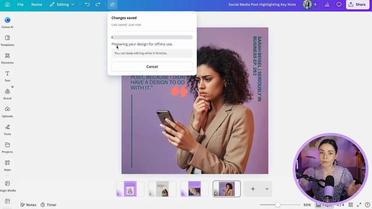 Canva design with the file menu open and make available offline option visible