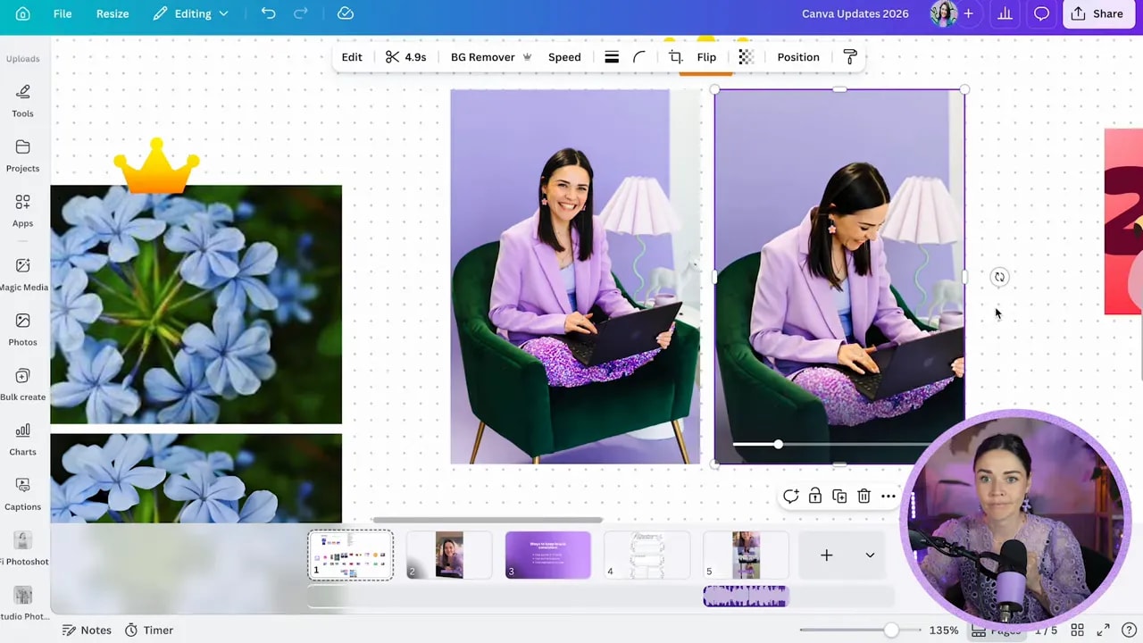 Canva editor showing a static portrait photo beside the generated video version on the canvas