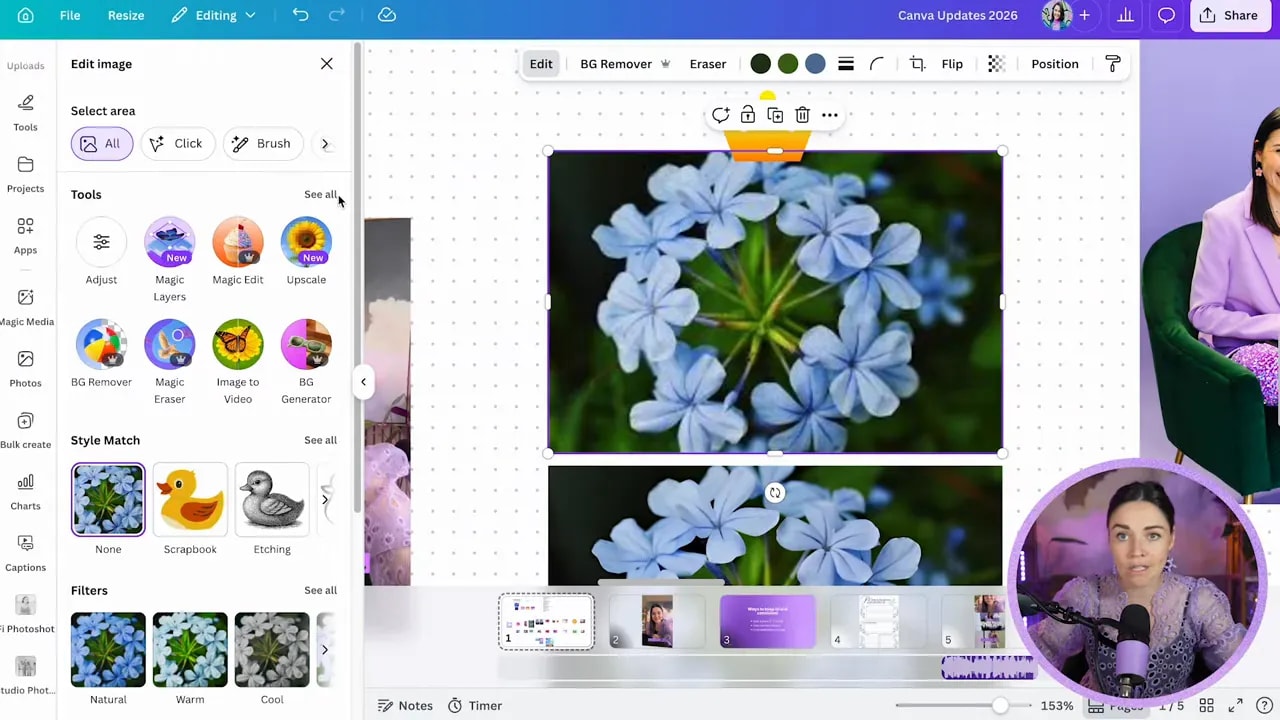 Canva image editor with tools panel open and upscale option visible beside a flower photo