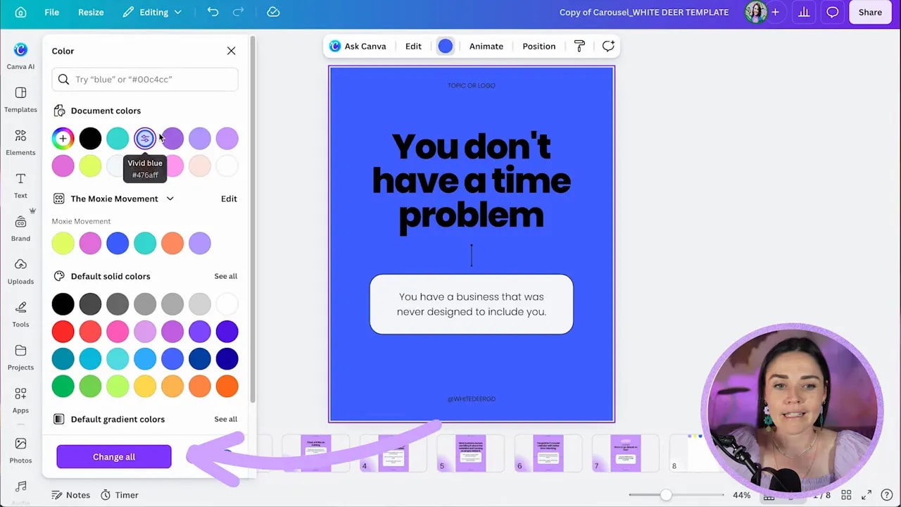 Canva color panel open while the carousel cover slide background is changed to bright blue