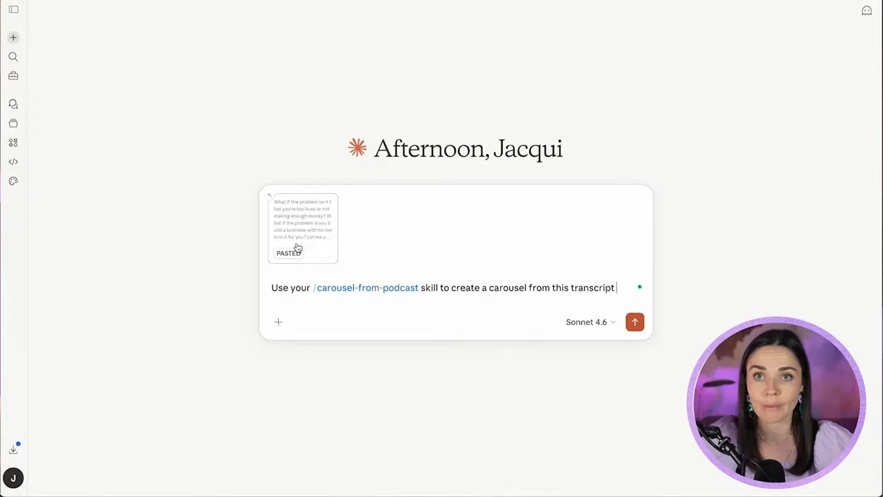 Claude interface showing a prompt field with pasted text and generated response area