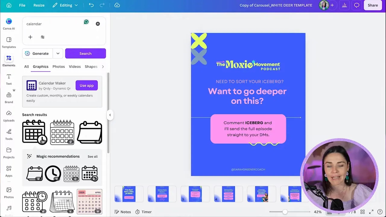 Canva workspace showing a content planning spreadsheet with linked assets and notes