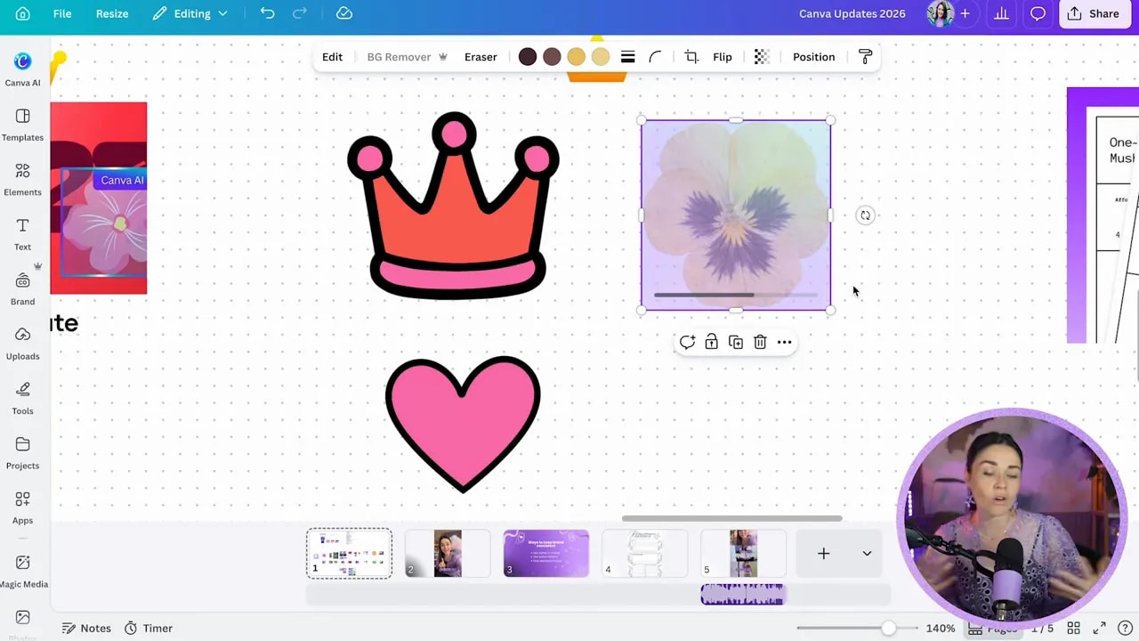 Canva canvas with a crown element, heart shape, and dog photo after style effects have been applied