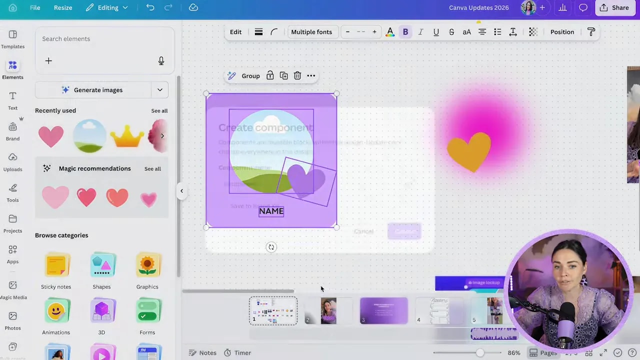 Canva modal window for creating a component with fields for name and brand kit settings