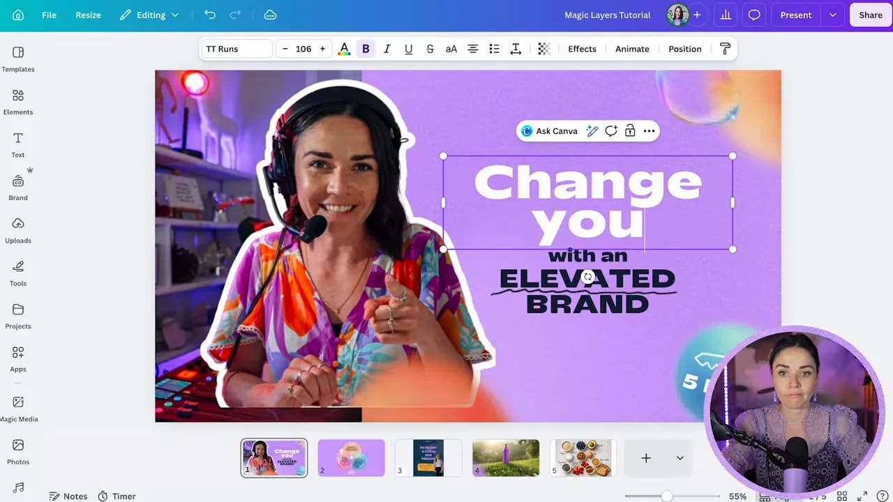 Canva editor with a reconstructed thumbnail design where the headline text is being edited