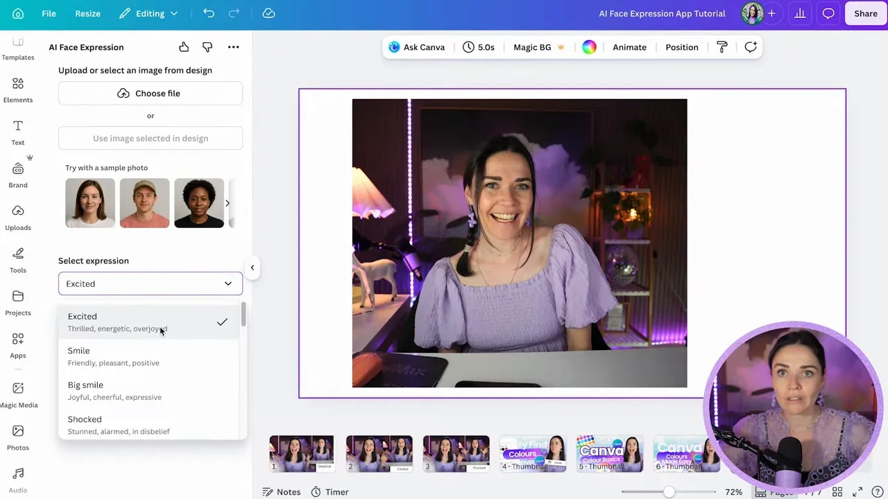 AI Face Expression settings showing expression options in a dropdown menu inside Canva