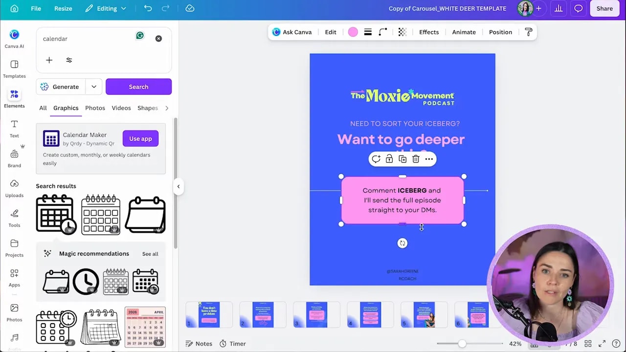 Final Canva carousel slide with podcast branding, a question headline, and a pink call to action box