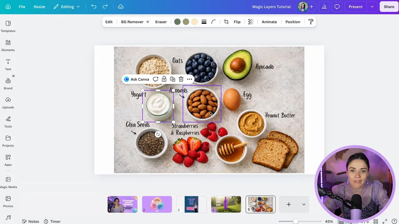 Canva editor showing a flat lay breakfast image with an ingredient bowl being moved separately from the rest of the layout