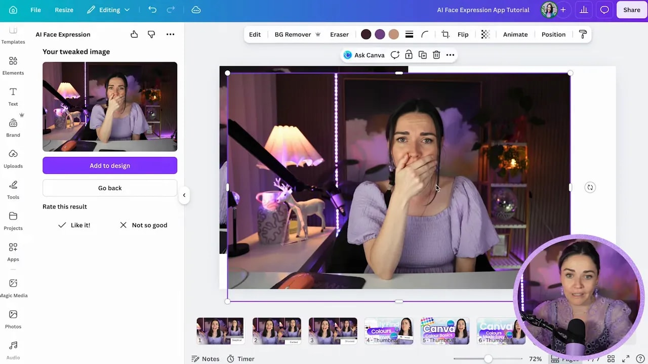 Generated image in Canva showing a woman with a hand over her mouth and an embarrassed expression