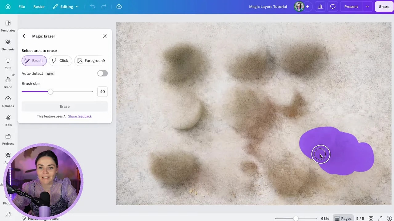 Canva magic eraser panel with a purple painted selection over a shadow area on a textured background