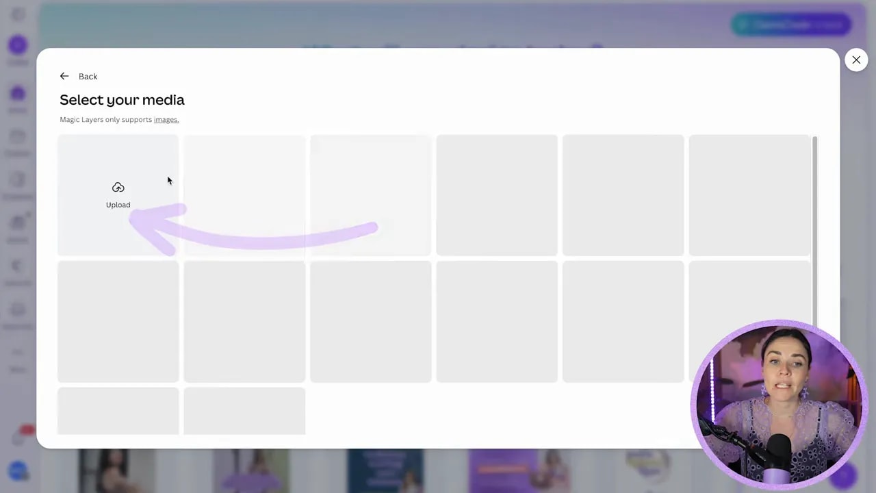 Canva popup titled select your media showing uploaded images available for Magic Layers