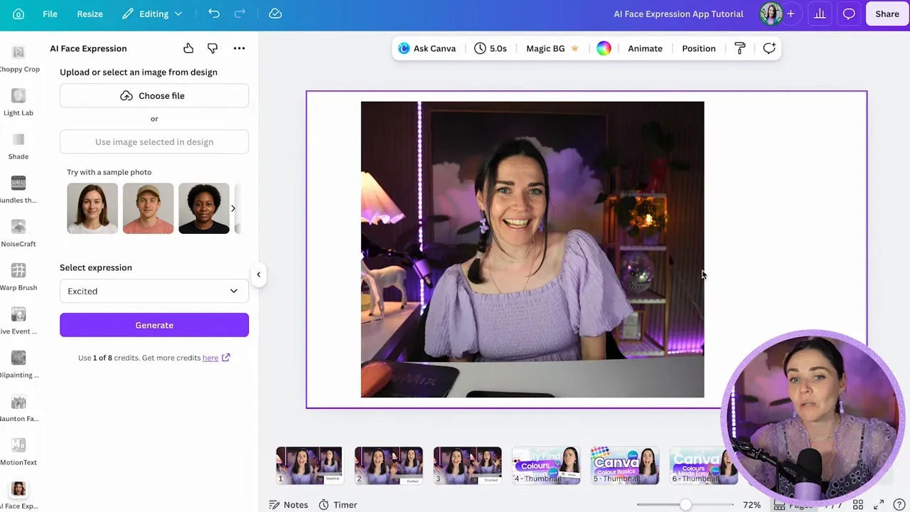 Canva design page showing a square photo of a woman smiling in a purple-lit room