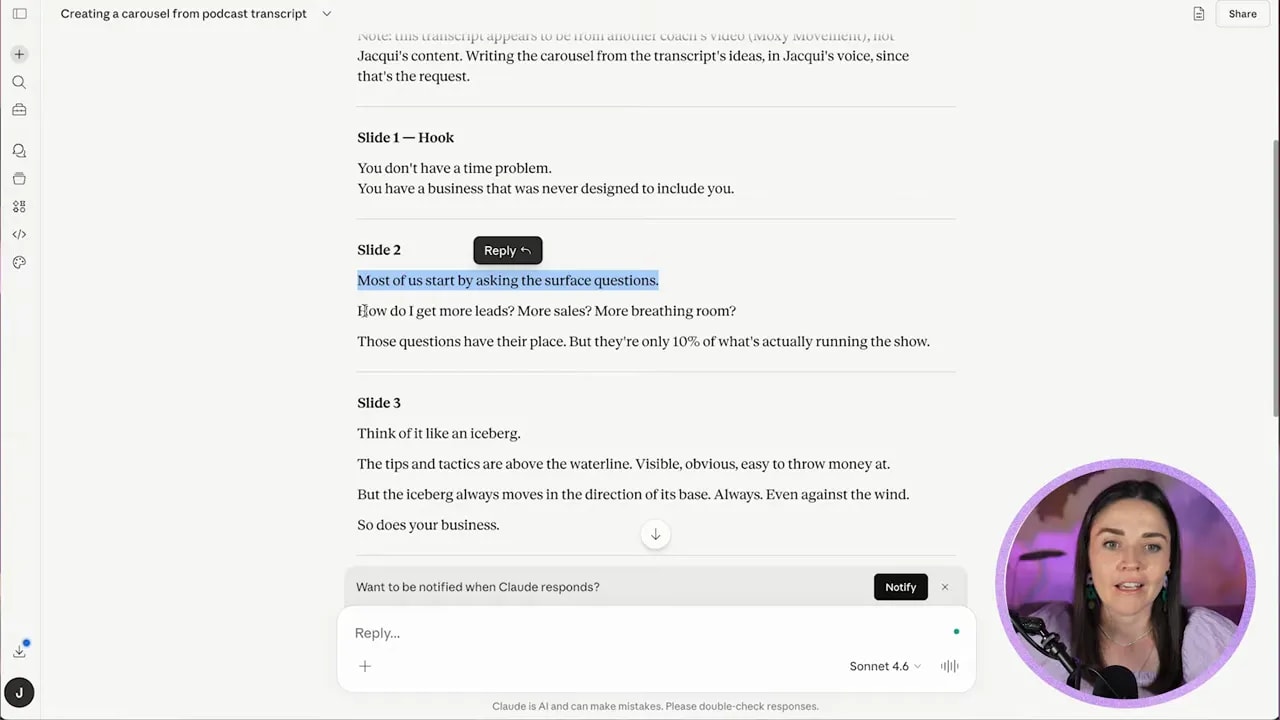 Canva slide with headline about asking surface questions and a white text box being edited