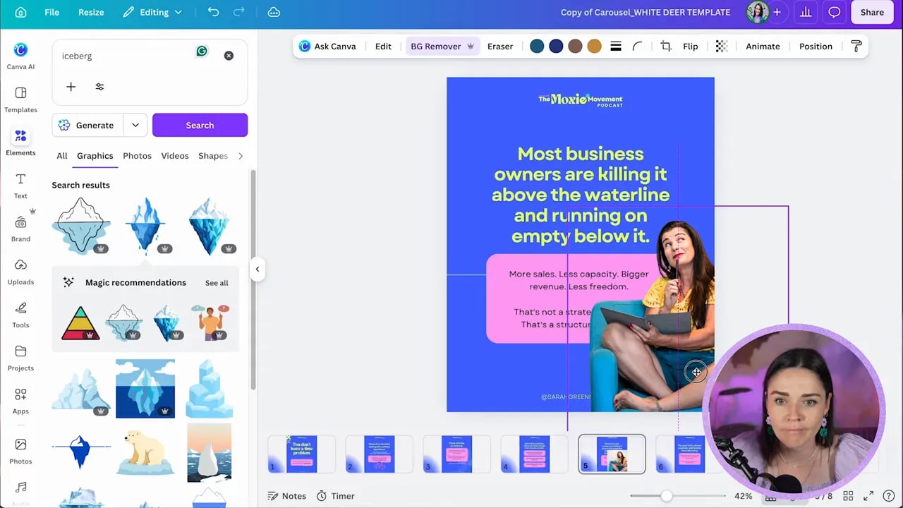 Canva slide with a cutout photo of a woman seated on the right side beside text and a pink text box