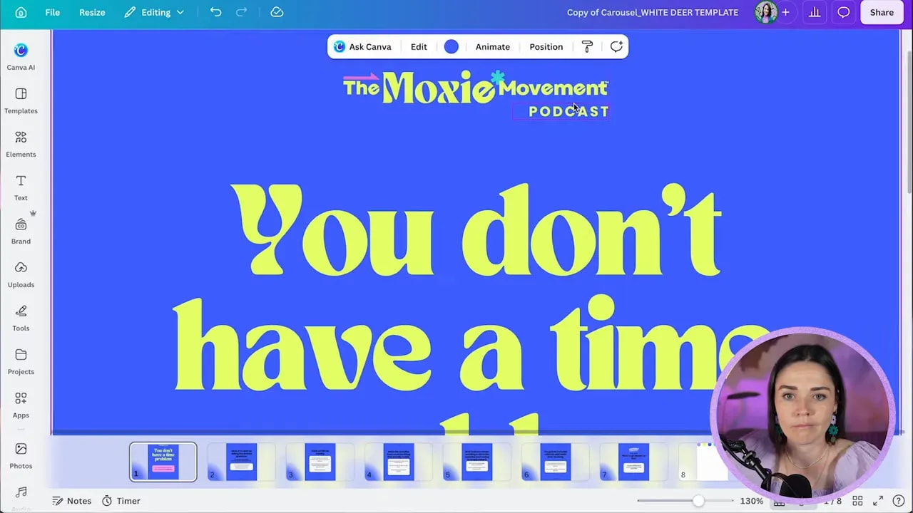 Canva cover slide showing The Moxie Movement podcast branding above the main headline