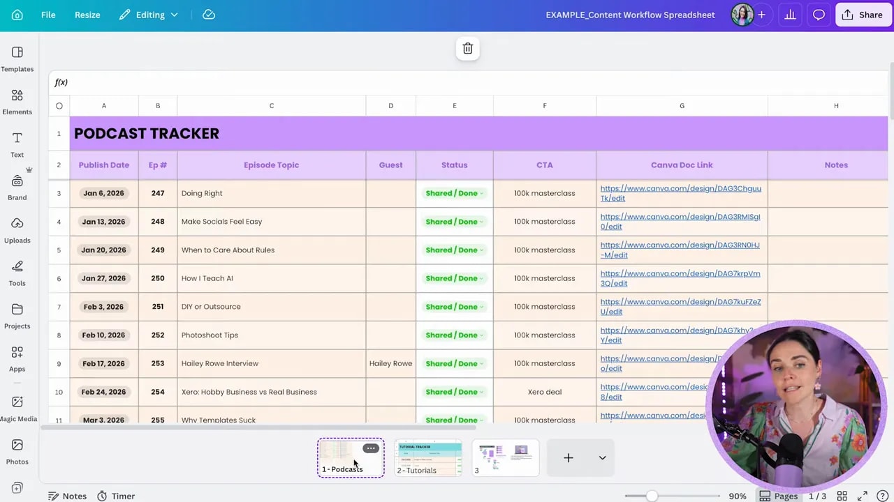 Canva spreadsheet titled Podcast Tracker with rows of episodes and linked documents