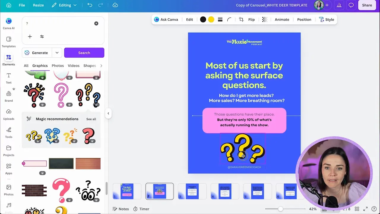 Canva slide about asking surface questions with question mark graphics added near the bottom