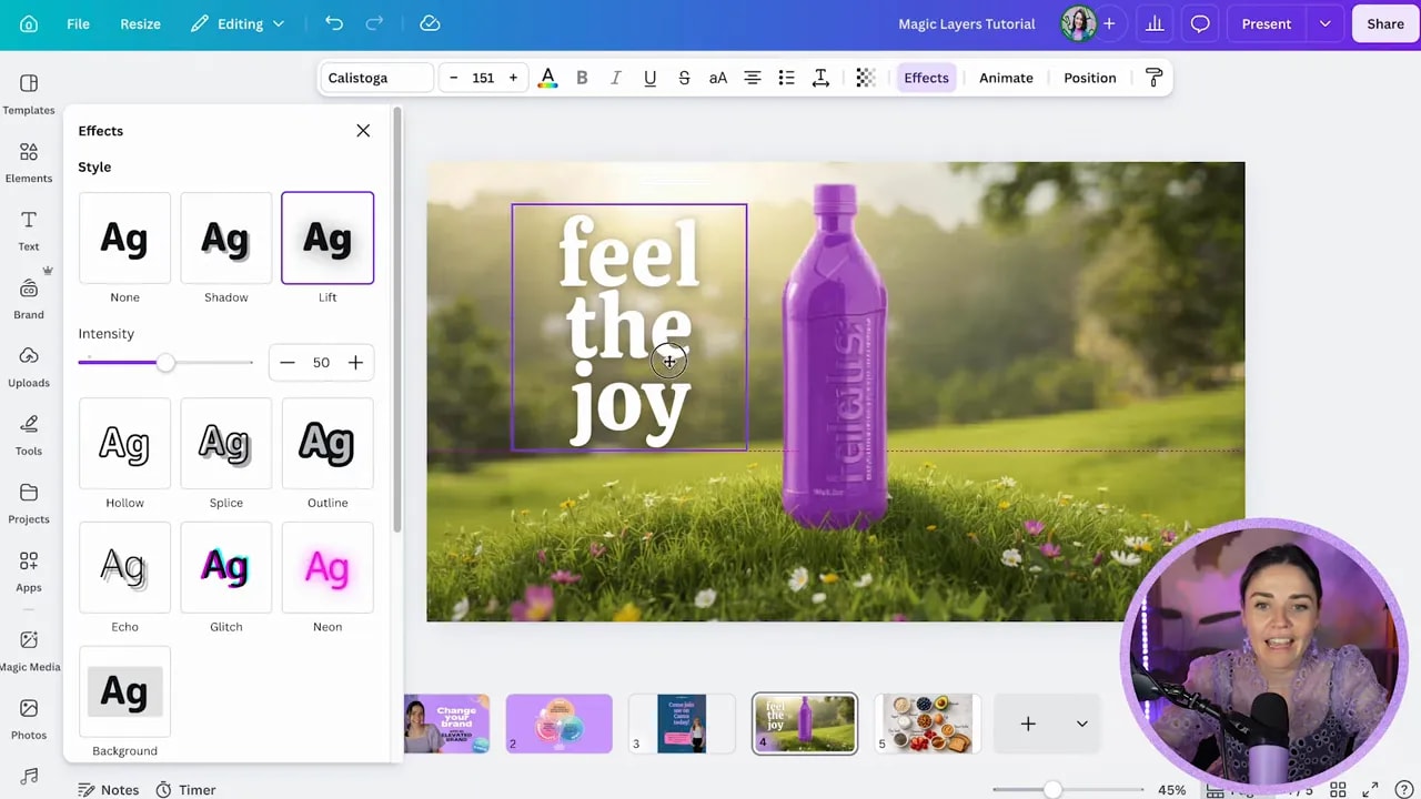 Canva editor with redesigned text reading feel the joy beside a purple bottle on a grassy background