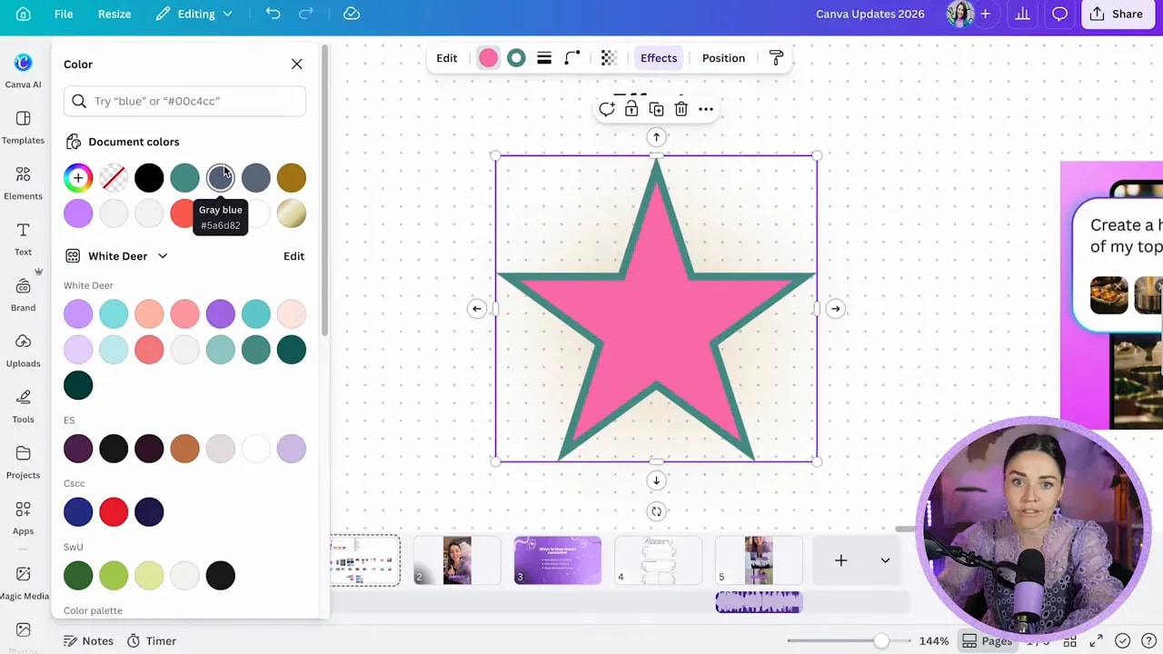 Canva editor showing a star shape with colorful layered effects and effect controls panel open
