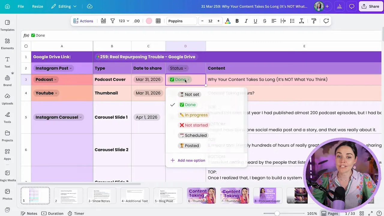 Canva spreadsheet showing a status dropdown menu with color coded options