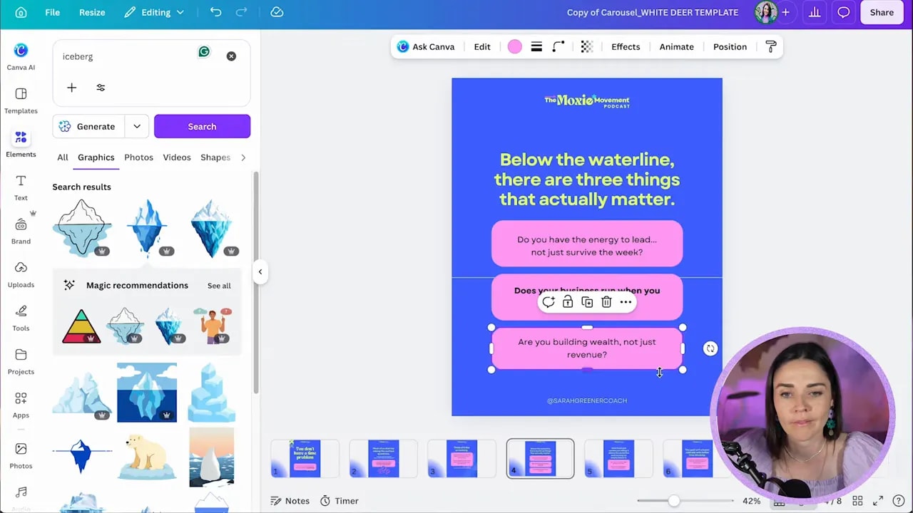 Canva slide with three pink rounded boxes stacked vertically under a heading about three things that matter