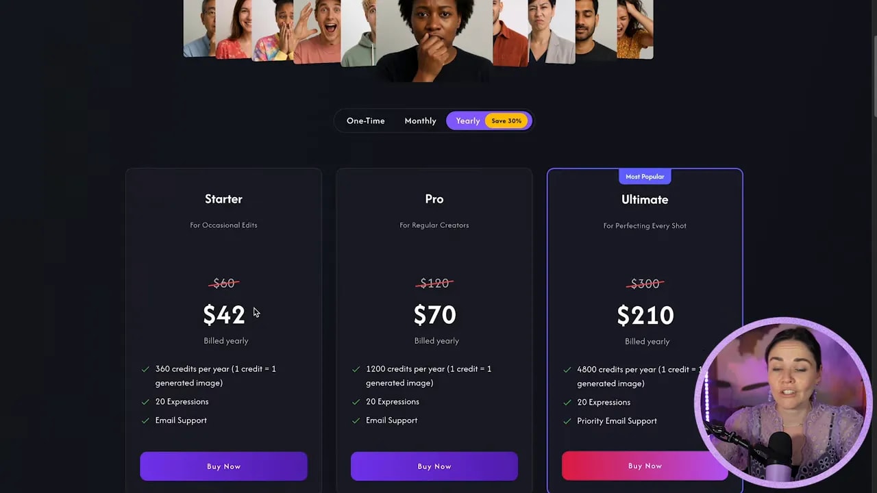 Pricing page with yearly credit plans showing 42 dollars, 70 dollars, and 210 dollars options