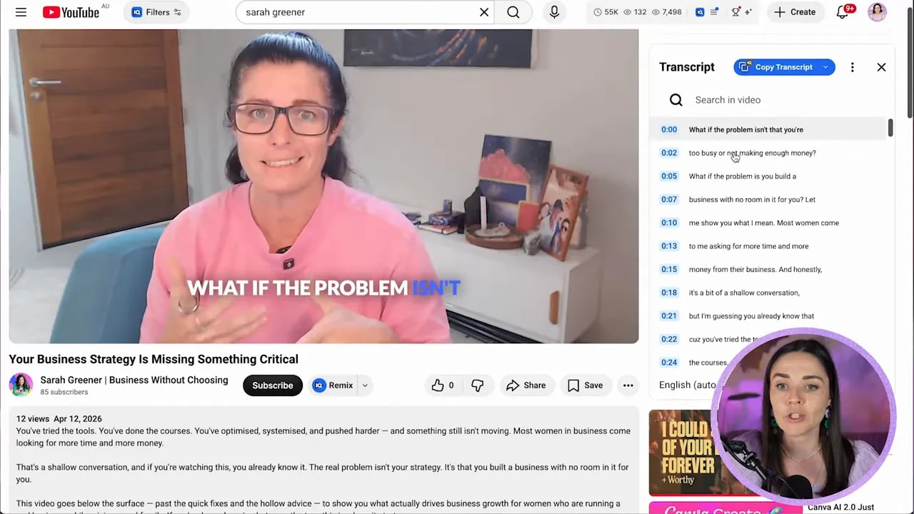 YouTube video page with a transcript panel open on the right side