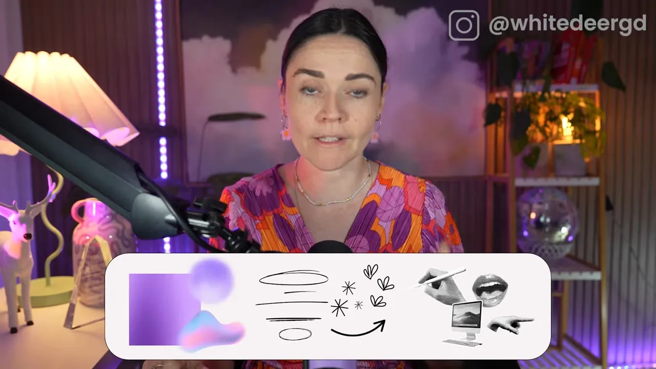 Graphic strip showing purple blurred textures, line doodles, sparkles, collage imagery and a retro computer