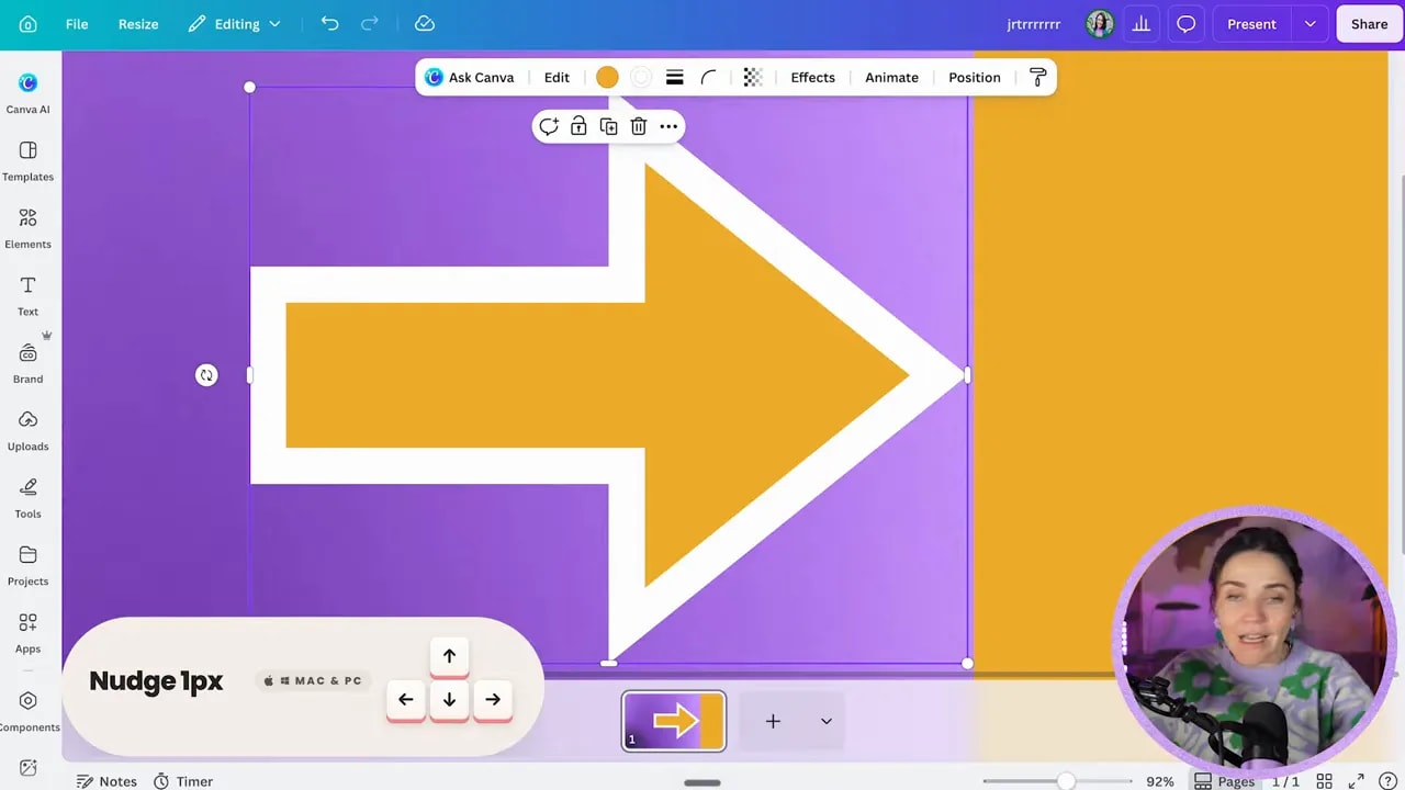 Canva canvas showing a selected yellow arrow and nudge tips overlay
