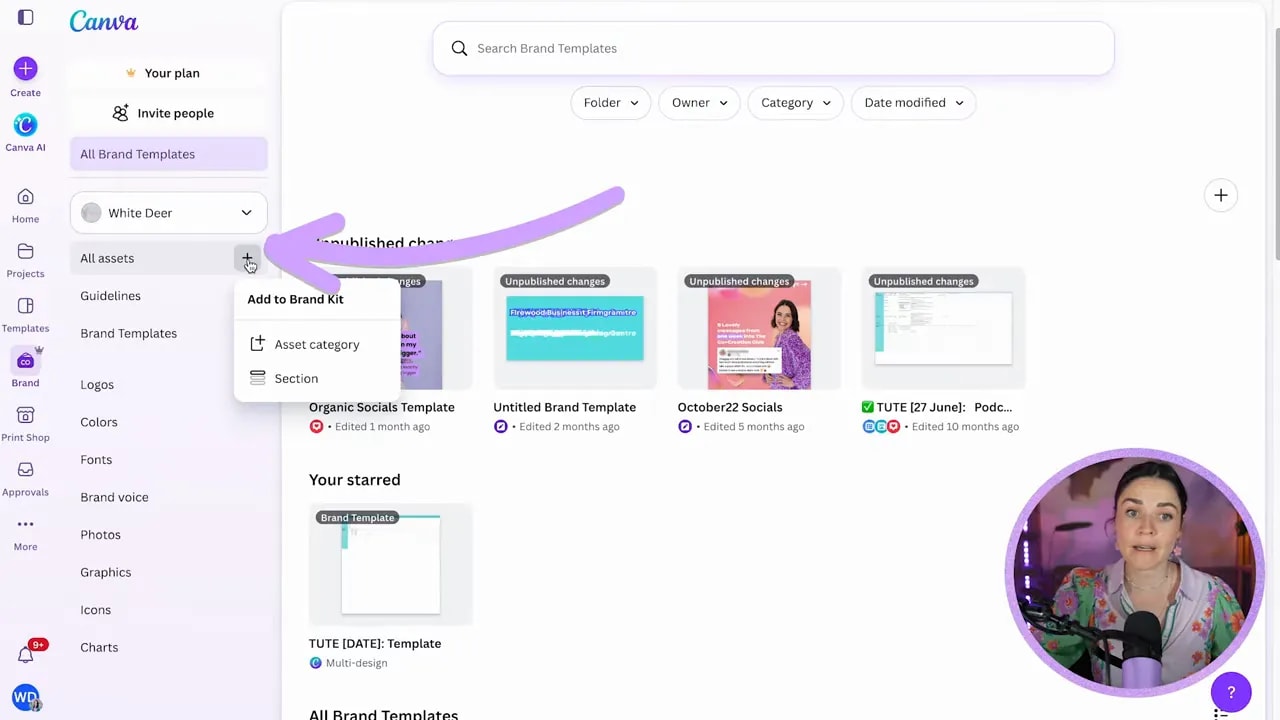 Canva Brand Kit menu showing the option to add an asset category