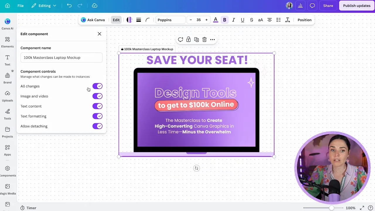 Canva component settings panel with update control toggles beside a laptop graphic and Save Your Seat text