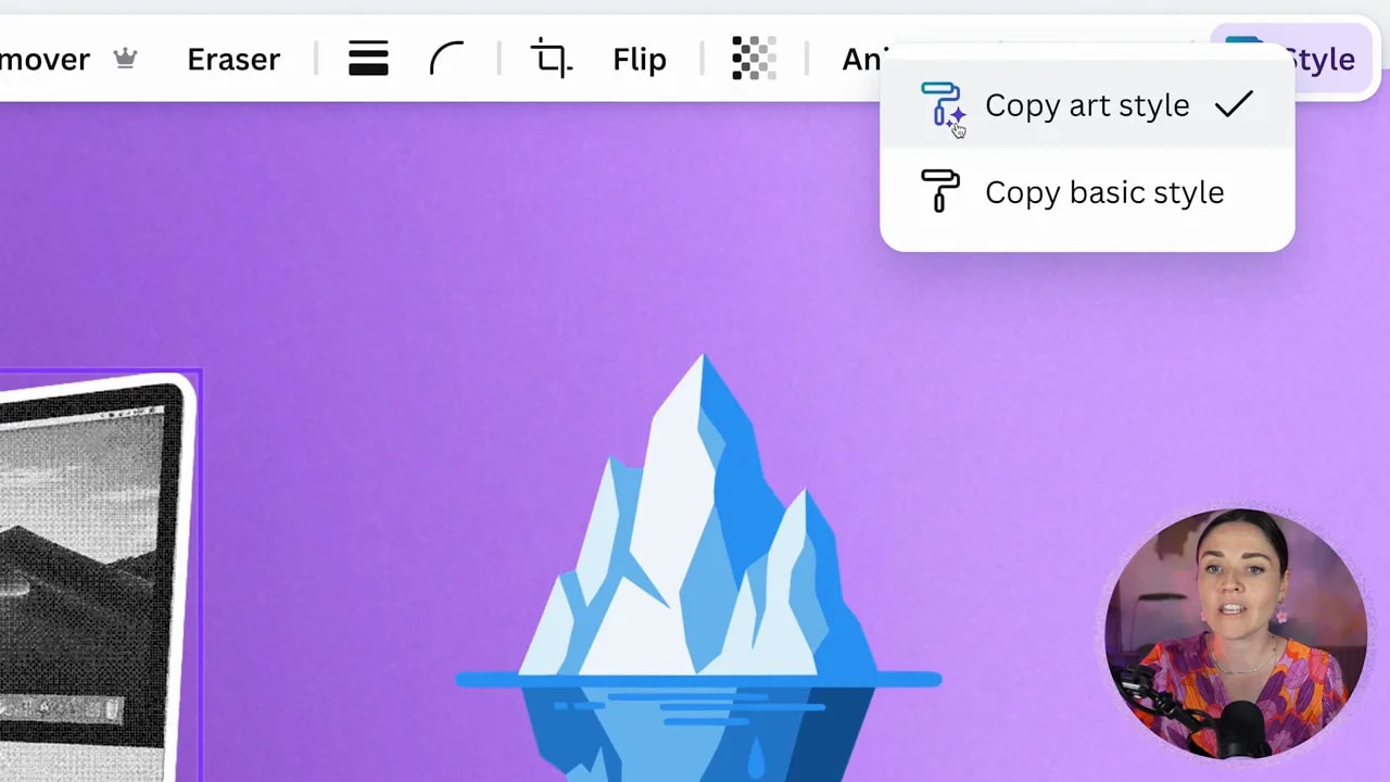 Canva toolbar menu showing Copy art style and Copy basic style options above an iceberg graphic