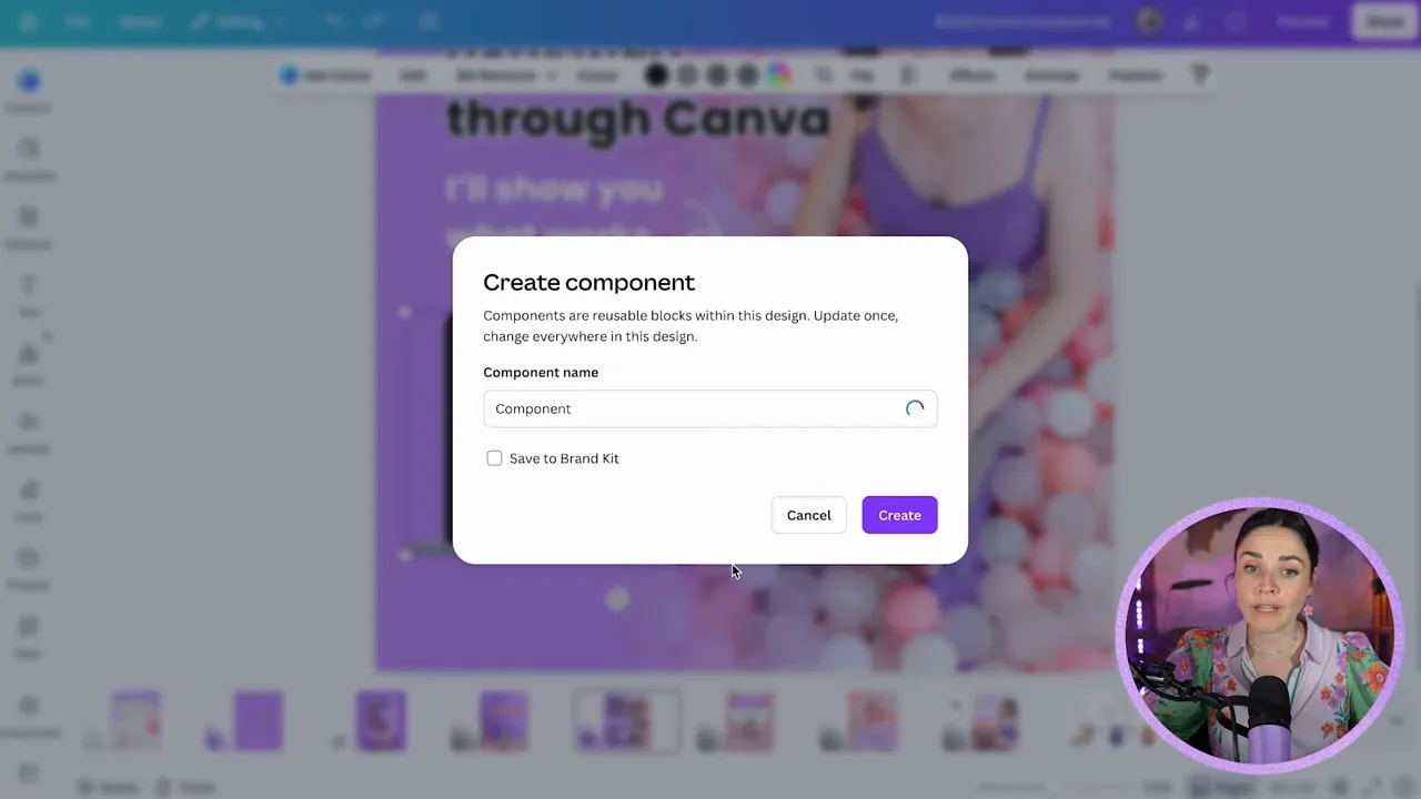 Canva Create component dialog over a purple promotional design