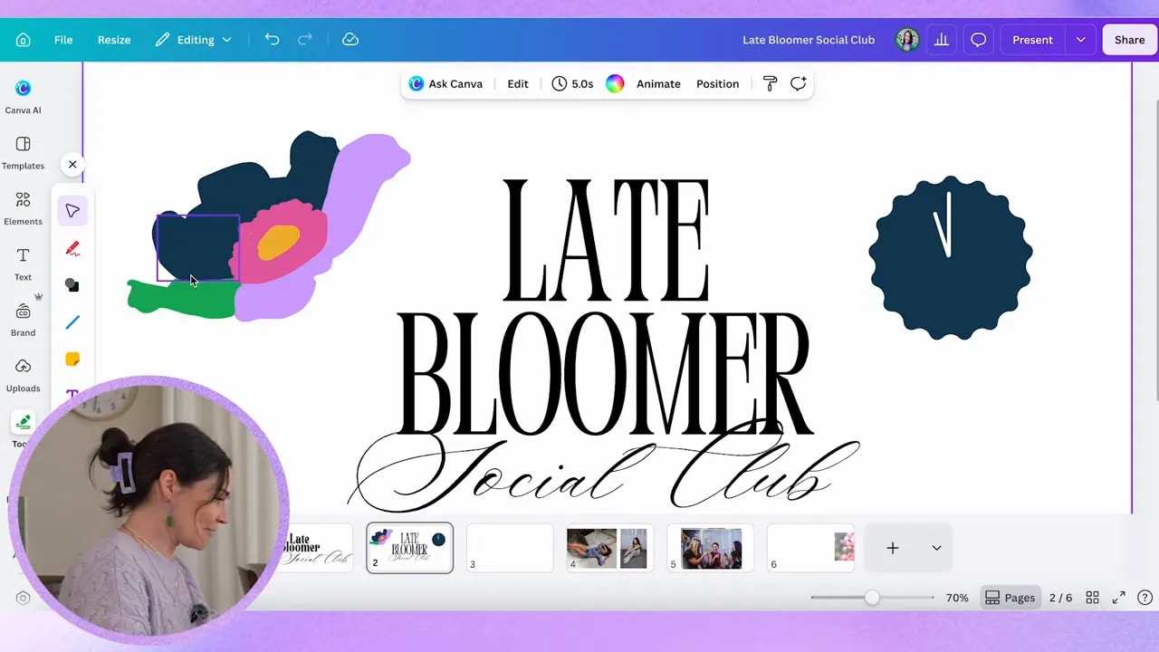Canva design page showing Late Bloomer Social Club typography with a layered abstract flower illustration